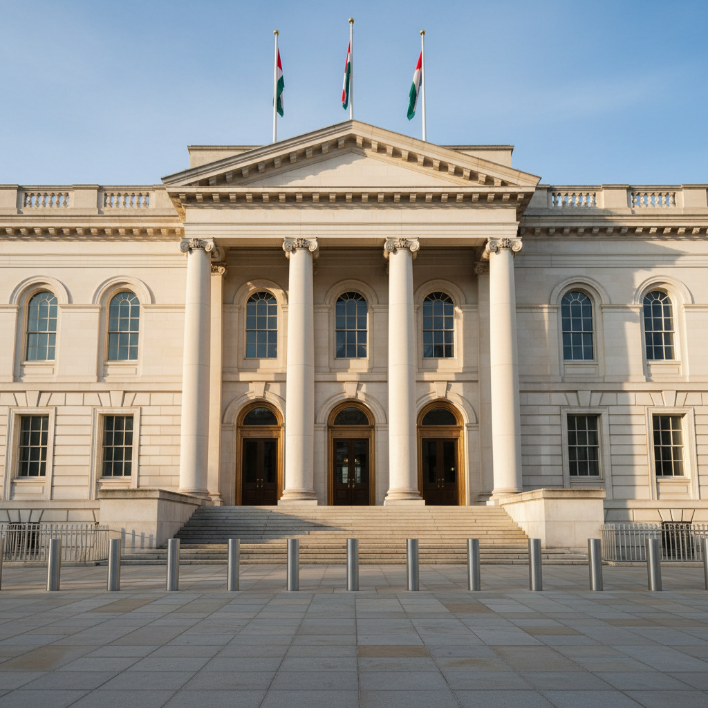 An imposing neoclassical government building façade, suggestive of a parliamentary institution but without identifiable insignia, constructed from pale stone with tall columns, broad steps, and large arched windows. Flags in red, white, and green hang from sleek flagpoles, abstractly echoing Welsh symbolism without replicating an exact design. The foreground shows clean stone paving with metal railings and a discreet security bollard line, all devoid of people. Late afternoon natural light casts long, directional shadows from the columns, adding depth and gravitas. Photographic realism from a low-angle perspective emphasises authority and power. The mood is formal, institutional and serious, ideal for stories about government decisions, constitutional issues, and political accountability in Wales and the UK.