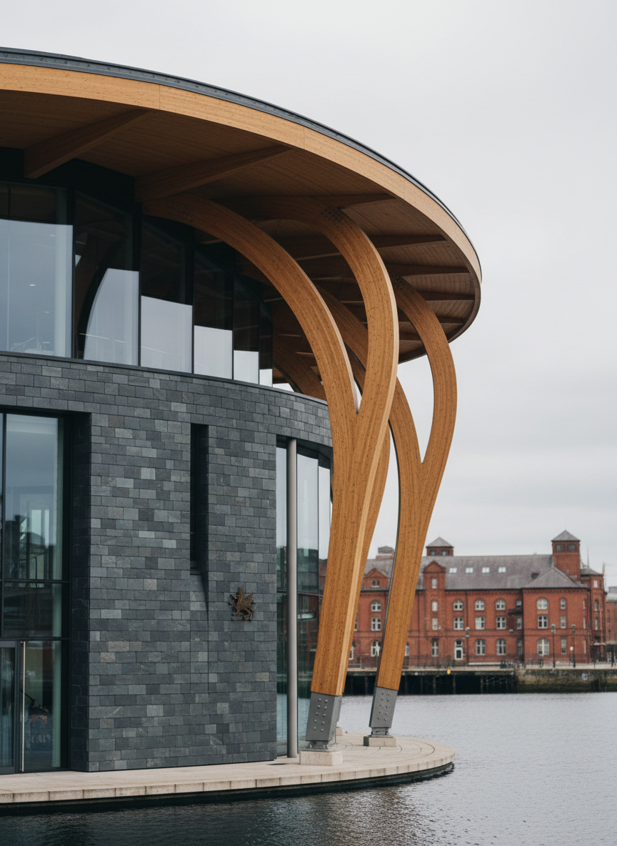 A highly detailed close-up of the Welsh Senedd building’s distinctive glass and slate exterior in Cardiff Bay, with the sweeping wooden roof forming graceful curves above. No people are visible; the focus is entirely on architecture and civic symbols. Overcast daylight creates soft, even illumination, bringing out the textures of slate, glass reflections, and warm timber. The red Pierhead building appears softly blurred in the background across calm harbour water. Shot at eye level with a wide-angle photographic realism style, using rule-of-thirds composition to place the Senedd slightly off-centre. The mood is professional and serious yet calm, conveying stable democratic institutions and a focus on politics in Wales and the wider UK.