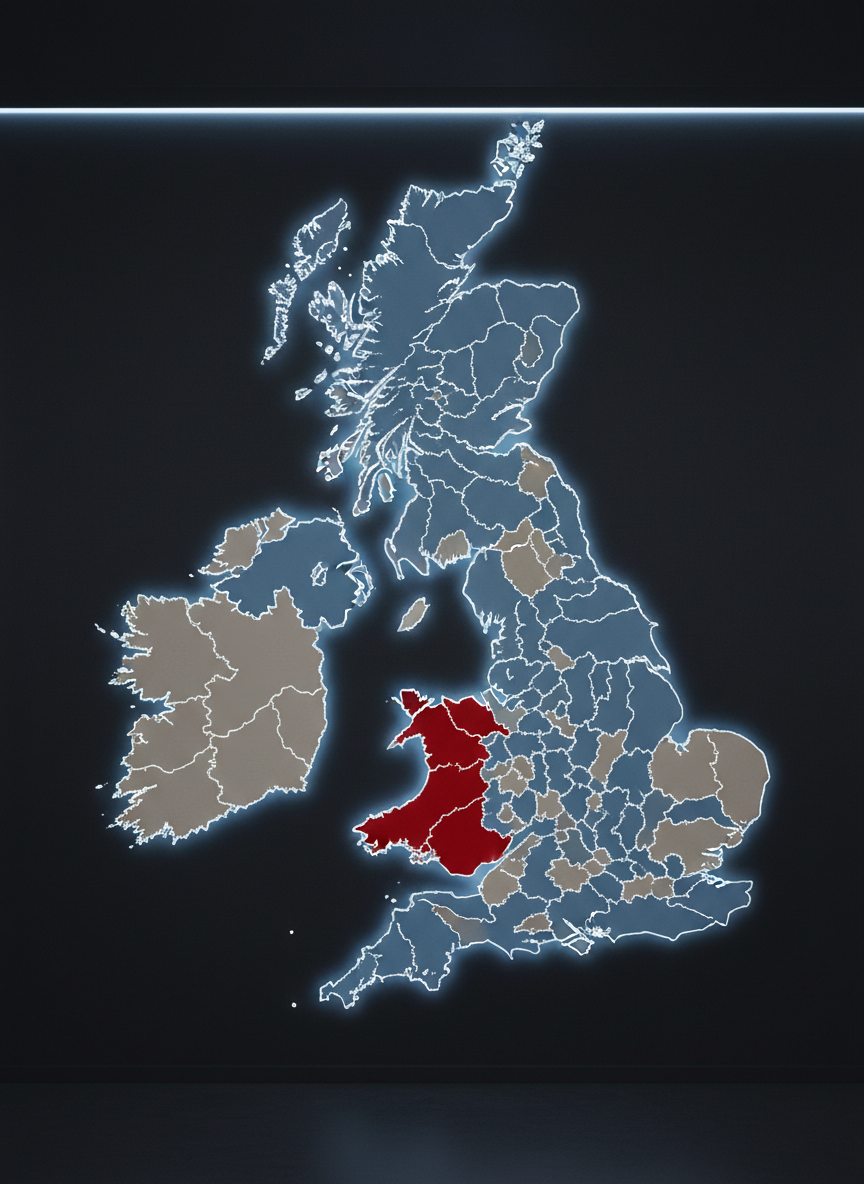 A large digital wall map of the United Kingdom with Wales prominently highlighted in a rich, saturated red, while other regions appear in cooler blues and greys. Electoral constituencies are outlined with fine, crisp lines, some areas filled with neutral tones to suggest different parties without using real logos. The map is mounted on a dark matte wall in a minimalist analysis studio. Subtle LED strip lighting from above and below produces a cool, controlled glow, accentuating borders and geographic contours. Shot straight-on with photographic realism and sharp focus throughout, the composition fills the frame, creating a data-driven, authoritative mood that suggests election coverage, political geography, and devolution analysis.