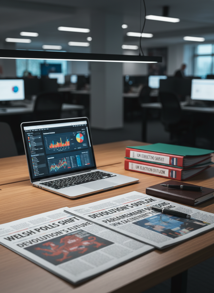 A polished oak desk in a modern newsroom, covered with neatly arranged broadsheet newspapers whose visible headlines reference elections, devolution, and parliamentary debates in Wales and the UK, but no readable real-world names. A slim metal laptop displays a blurred political data dashboard, while beside it lies a stack of colour-coded briefing folders and a closed leather-bound notebook with a fountain pen resting on top. Cool, diffused studio lighting from above and slightly behind creates gentle highlights on metal and glossy paper, with soft shadows under objects. Photographic realism at a slightly elevated angle, shallow depth of field isolating the central documents. The atmosphere is analytical, professional and focused, evoking in-depth political coverage and serious news analysis.